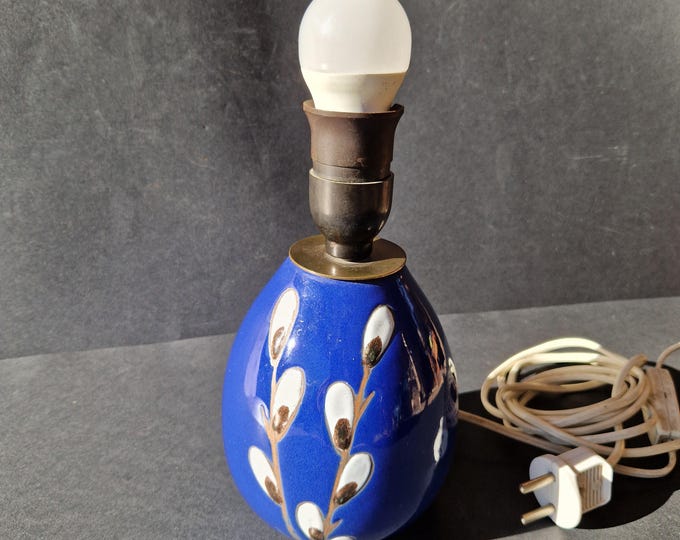 Swedish Ceramic Lamp Base in Vivid Blue Colour with Willow Branches. Design by Maggie Wibom (1899 - 1961). Signed MW. Sweden Pottery 30s.