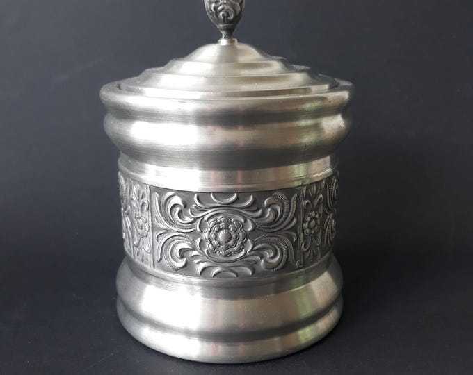 Pewter Savannah Norsk Tinn Pewter Wood Lined Tobacco Container with Lid. Featuring Plant Motives Relief. Marked. Scandinavian Metal Art.