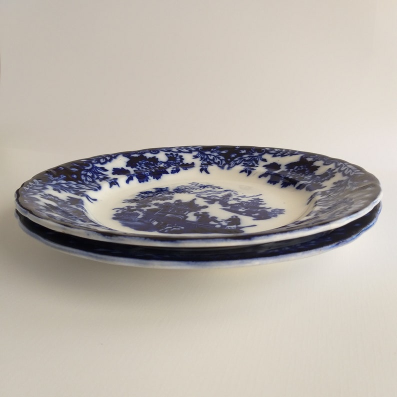 Antique Rörstrand Flow Blue Plate. Beautiful Old Swedish Porcelain Plate. Oriental Scene. Border Decorated with a Plant Motif. Collectable. image 6