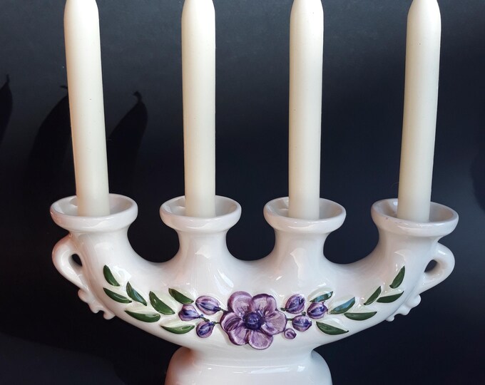 Rosa Ljung Deko Keramik Helsingborg Sweden. White Vintage Candle Holder / Candelabra for 4 Candles. Flower Relief Pattern. Swedish Pottery.