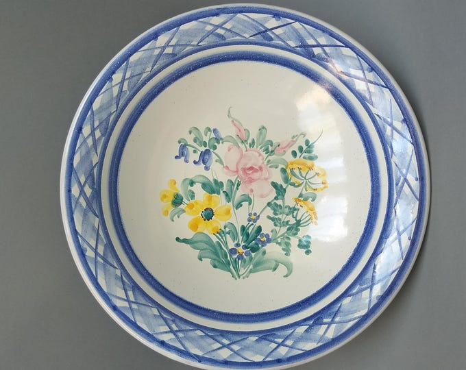 Vintage Lars Syberg Ceramic Denmark. Large Glazed Bowl. Hand Painted with Beautiful Garden Flowers in Spring Colours. Signed. Collectable.
