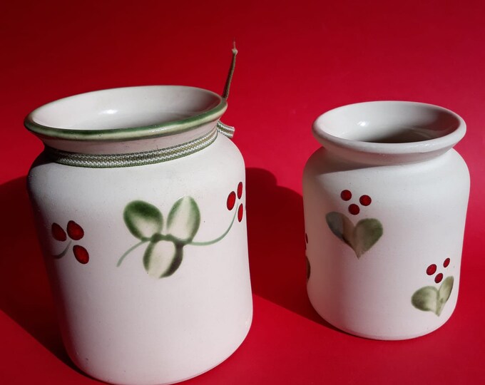 Sweden Gabriel. Set of 2 Vintage Ceramic Jars. Glazed Inside. Matt Finish Outside Decorated With Glazed Berry Motif. Swedish Pottery.