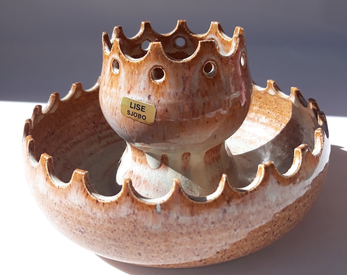 Gorgeous Lisa Sjobo Swedish Studio Ceramic Candleholder in Brown Beige Earth Tones. Unusual Shape. A Great Interior Element. Vintage Pottery