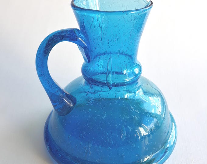 Vintage Aqua Blue Colour Glass with Bubbles Vase Pitcher. Great for Flower Compositions or or just like that. The Charming Colour and Shape.