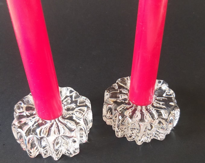 Pair of Iconic Vintage Hadeland Norway Nautilus Crystal Glass Candlestick Holders by Willy Johansson. It looks like made from Ice. Cool.