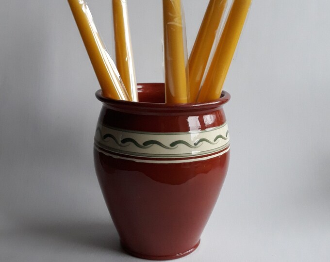 Vintage Swedish Ceramic Highly Glazed Brown Crock Pot. Hand painted in Folk Style. Artist Signed. Rustic Kitchen Decor. Hand Made in Sweden.