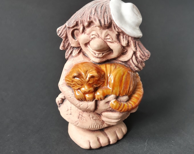 Vintage Ceramic Jie Gantofta Sweden Troll with Orange Cat Figurine. Design by Eva Jarenskog. Lovely Swedish Home Decoration. Retro Pottery.