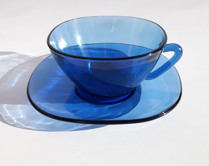 Vereco France Large Size Coffee Cup an Saucer in Transparent Blue Colour. Square Shape. Retro Glass from 70s. Very Charming and Trendy Set.
