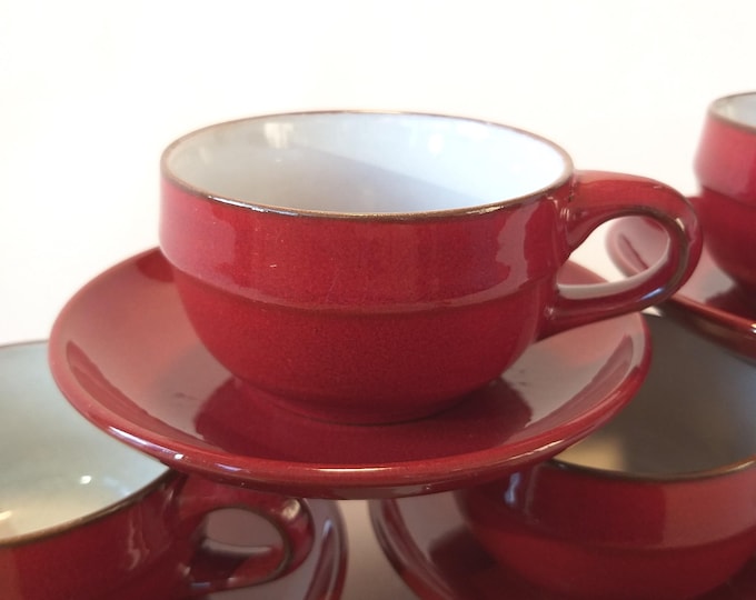 Vintage Friesland Melita Germany Ceracron Ceramic Espresso Coffee Cup and Saucer in Red Colour Glaze. Brown Rim. Light Grey Interior. Cute.