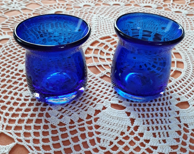 Two Cobalt Glass Tea Light Holders. Hand Blown in Sweden. Thick Glass on Bottom. Greit Colour. Vintage Home Decor. Scandinavian Art Glass.