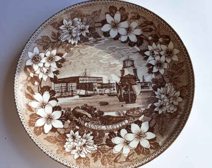 Gustavsberg Sweden Benporslin KungI Slott Plate in Brown Tones. City View with Sailing Ships in Floral Frame. Very Decorative Piece from 70s
