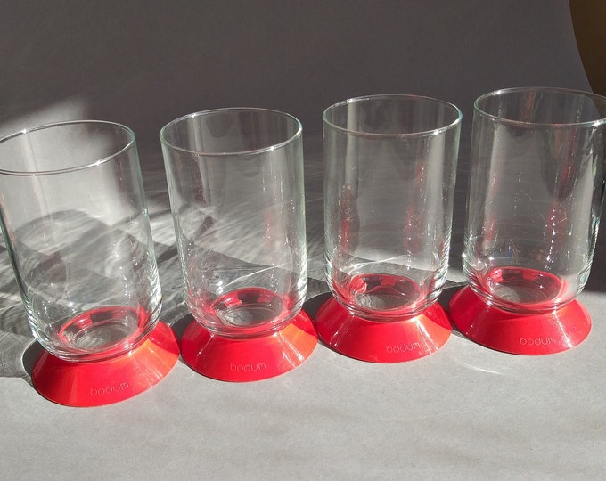 Set of 4 Bodum Picnic Iced Tea Glasses Tumblers with Removable Red Plastic Base. Vintage Clear Glass Tumblers. Marked.