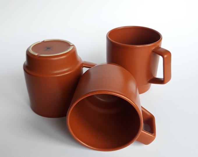 Set of 3 Vintage Hoganas Keramik Sweden Terracotta Colour Stoneware Cups Mugs in "Club" Pattern. Matt Finish. Swedish, Scandinavian Design.