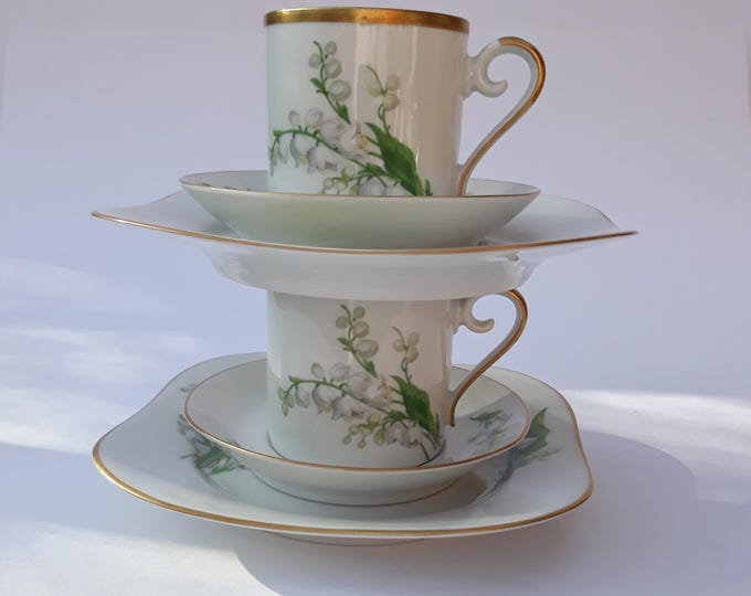 Sweden Hackefors Porcelain. Coffee Cup, Saucer and Cake Plate. Lily of the valley. Gold Border. Fine Elegant Shape Cup. Excellent Condition.