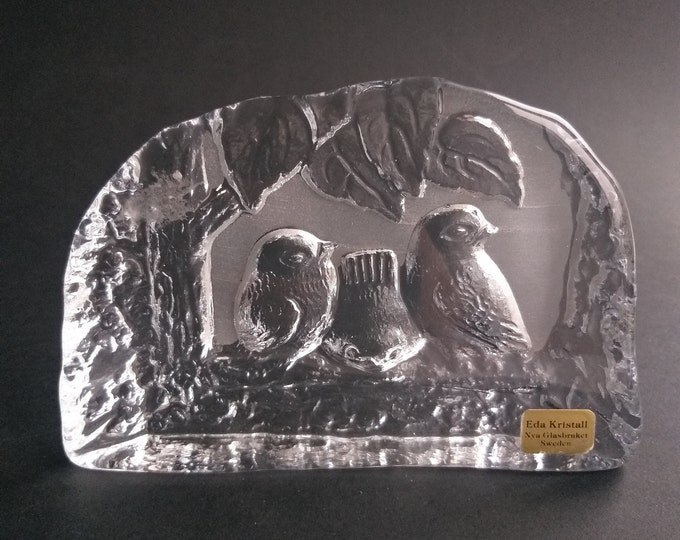 Eda Kristall Nya Glasbruket Sweden. Birds on a Branch Paperweight. Clear Textured Crystal Glass. Vintage Swedish Art Glass. Retro Home Decor