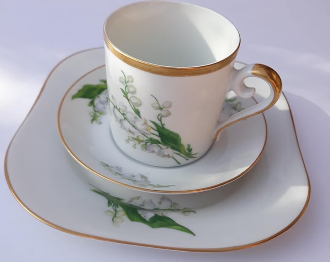 Sweden Hackefors Porcelain. Coffee Cup, Saucer and Cake Plate. Lily of the valley. Gold Border. Fine Elegant Shape Cup. Excellent Condition.