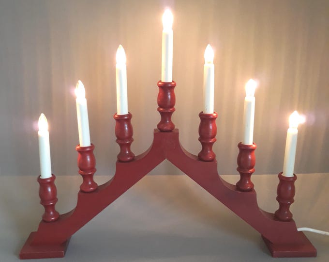 Turned Wood Red Wooden Electric Christmas Candleholder from Sweden with Seven Electric Lights in Candle Shape. Scandinavian Home Decor.