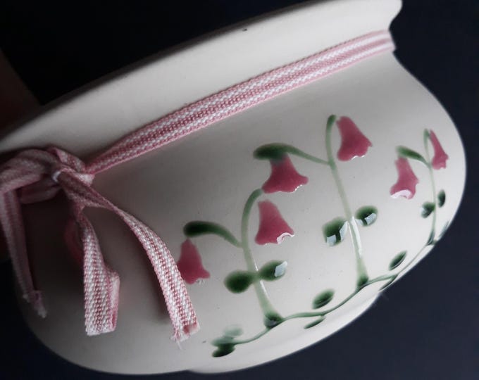 Hoganas Sweden Vintage Stoneware Bowl, Planter with Glazed Hand Painted Linnea Flower Decoration. Glazed Inside. Swedish Pottery.