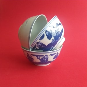 Set of 3 Vintage Chinese Blue White Fu Lu Shou Rice Bowls in White Colour with Blue Decor - Three Gods of Fortune Prosperity and Longevity.