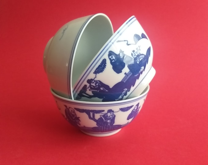 Set of 3 Vintage Chinese Blue White Fu Lu Shou Rice Bowls in White Colour with Blue Decor - Three Gods of Fortune Prosperity and Longevity.