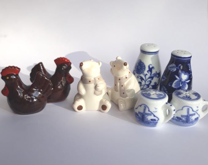 Choice of Salt and Pepper Shaker Sets. Different Styles. Brown Roosters, Polar bears, Floral Pier 1, Wind Mills. Ceramic, Porcelain.