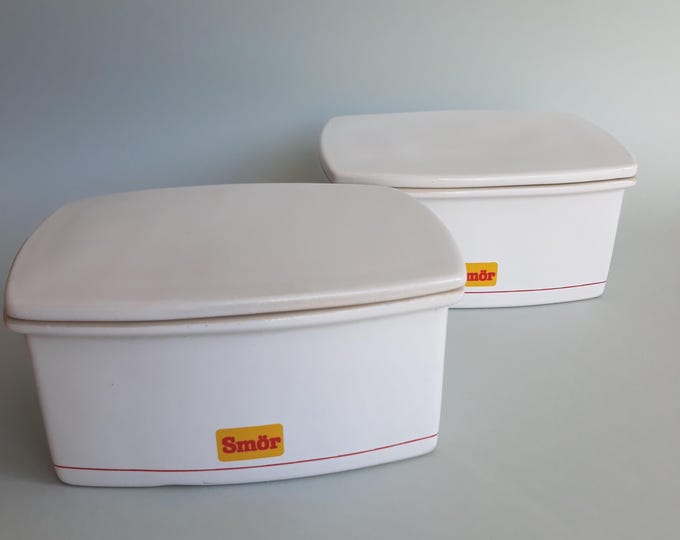 Vintage Hoganas Stengods Sweden Stoneware Smor (Butter) Container with Lid in Rectangular Shape. White Glossy Glaze. Made in Sweden. Marked.