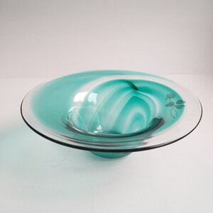 Hand Made in Sweden. Brand VAS VITREUM. Clear Glass Dish with Green Swirl. Etched Clover Leaf and Flower. Gift that Lasts. Scandinavian.