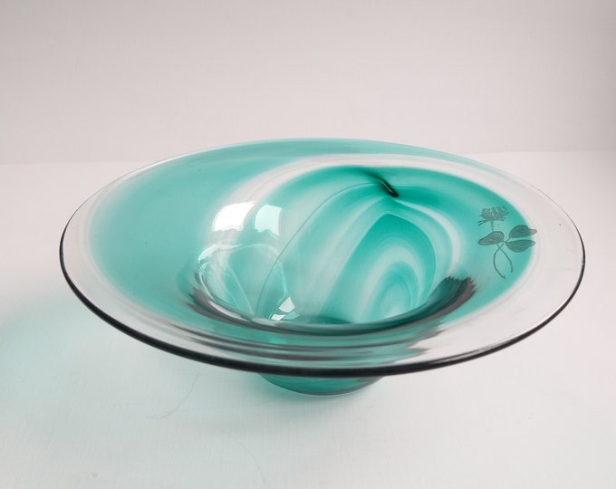 Hand Made in Sweden. Brand VAS VITREUM. Clear Glass Dish with Green Swirl. Etched Clover Leaf and Flower. Gift that Lasts. Scandinavian.