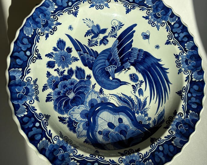 Original Royal Delft Blue Wall Plate depicting Hand painted Peacock with Floral Decor. Marked, numbered. Stunning item for Collectors.