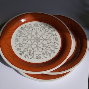 Set of 3 Gefle Pergola Sweden Ceramic Dinner Plates. Design Helmer Ringström. White Base, Brown, Black Pattern. Swedish Vintage Tableware.