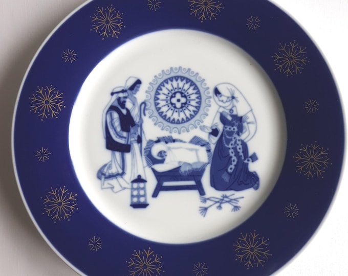 Porsgrund  Norway. Large 27.8 cm (10.94") Vintage Christmas Deluxe Plate from 1971. A Child Is Born. In Blue and White Colours. Home Decor.