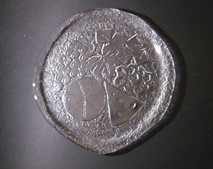 Pukeberg Sweden. Textured Glass on the Bottom of the Platter forms the Contours of Grapes, Cheese and Orange. Party Tray. Swedish Art Glass.