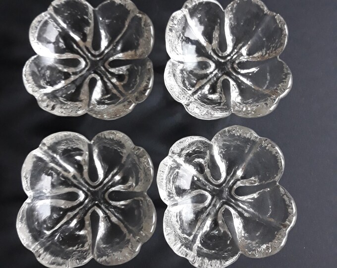 Set of 4 Royal Krona Sweden Crystal Glass Ash Trays. Designed by Mats Jonasson. Small Vintage Thick Glass Ashtrays in Form of a Quatrefoil.