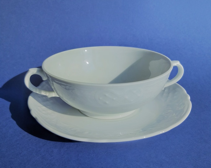 Schumann Arzberg Bavaria Quality Porcelain. Set of Soup Bowl with Saucer. Very Classic White Elegant Embossed Pattern. Great Size. Vintage.