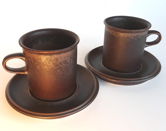 Set of 2 Duos Arabia Finland Ruska Stoneware Coffee Cup and Saucer. Design by Ulla Procope. Brown Tones. Scandinavian MCM Style Tableware.
