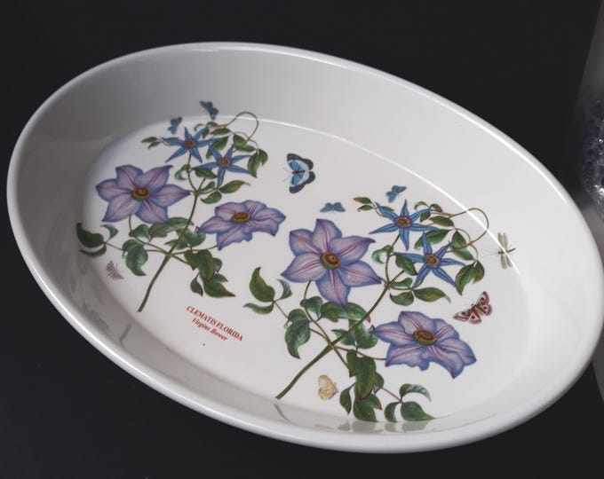 Large 14.56" Vintage Portmeirion England Fully Vitrified Oval Quiche, Flan, Tart Baking Dish. Clematis Florida Pattern. Oven to Table.