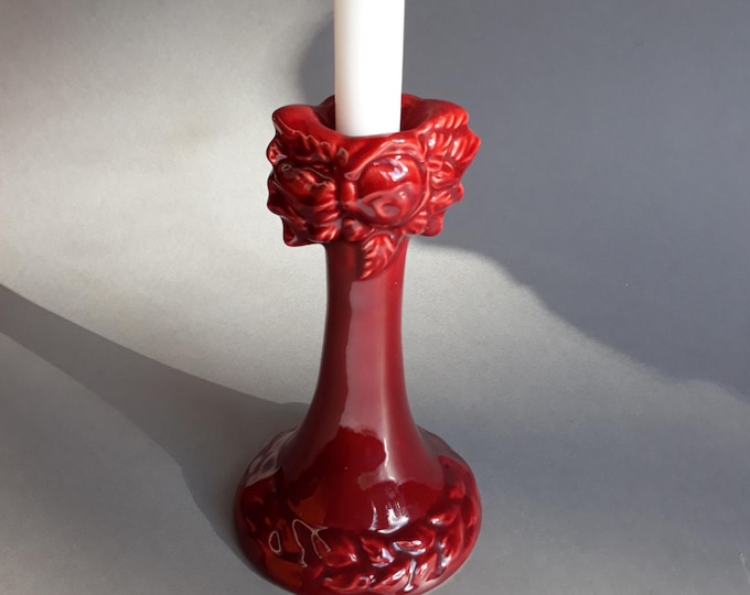 Guldkroken Hjo Sweden Ceramic Wine Red Colour Candle Holder with Flower Relief. Glossy Glaze. Original Label. Swedish Vintage Candle Holder.