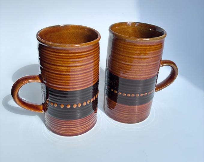 Pair of Large Deco Helsingborg Sweden Glossy Brown Glazed Mugs. Swedish Vintage Ceramics from the 1980s. Marked. Scandinavian Pottery.