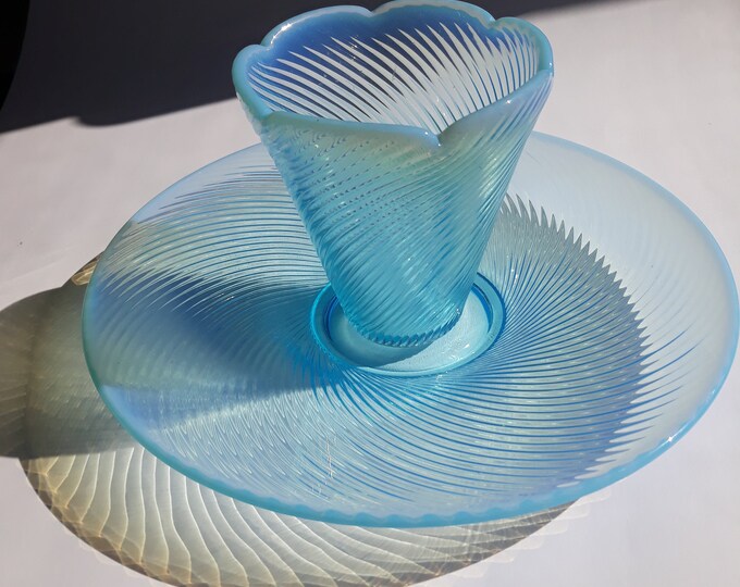 Set of Afors Glasbruk Sweden Blue Opalescent Ribbed Glass Plate and Vase Cup Italia. Designed by Ulrica Hydman in 70s. Scandinavian Design.