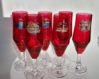 Set of 6 Venezia Scenes Italy Glass Stem Wear. Ruby Red Colour Glass Top with Clear Glass Stem. Each Glass has a different Scene on it. 50s.