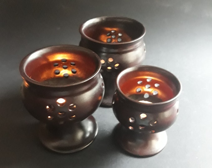 Hoganas Sweden. Vintage Chocolate Brown Stoneware Tealight / Candle Holder / Lantern on Pedestal. Matt Finish. Swedish, Scandinavian Design.