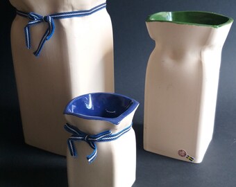 Gabriel Stengods Ston Ware Paper Bag Square Vase. Matt Finish Outside, Glazed Inside. Different Sizes. Marked. Vintage Swedish Pottery. Cool