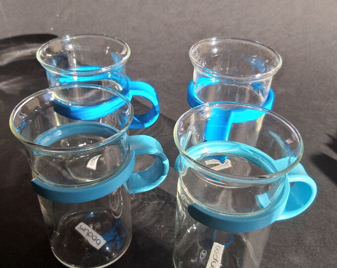 Set of 2 Iconic Vintage Bodum Bistro Series Tea Coffee Glasses from 80s. Made of Heat Resistant Glass and a Removable Plastic Holder. Retro.