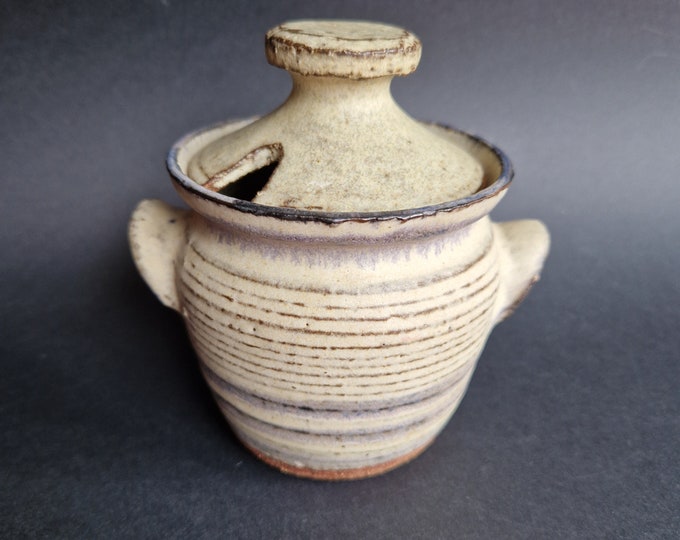Danish Studio Vintage Stoneware Marmalade Honey Sugar Jar Pot. Nice Matte Glaze. Two Small Handles. Ditch in Lid for Spoon. Floated Colours.