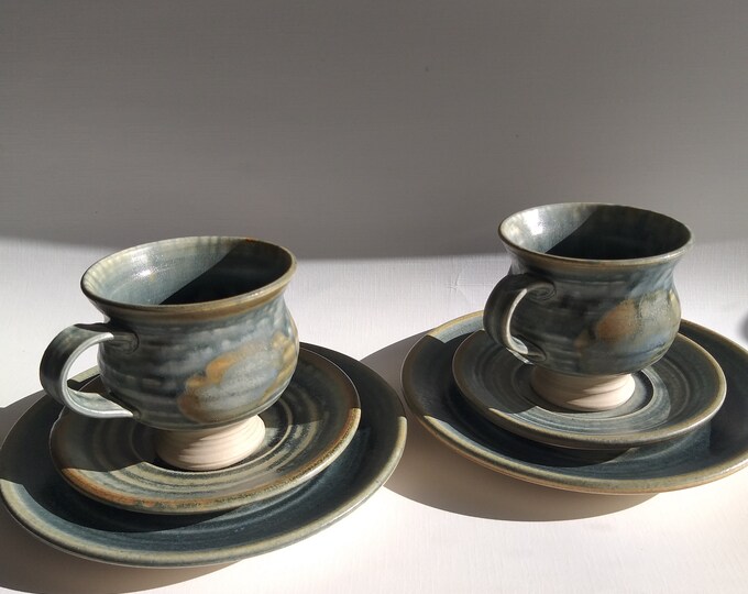 Studio Pottery Sweden. Hand Made Cup Saucer, Dessert Plate Set in Matt Grey Green Earth Tones. Coffee Tee Set from Stoneware. Artist Signed.