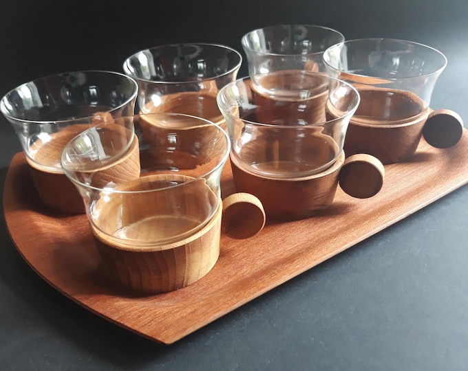 Set of 6 Glasses with Teak Cup Holders and Rectangular Wooden Tray. Mid-century Tea Set. Probably German Manufacturer. Scandinavian Style.