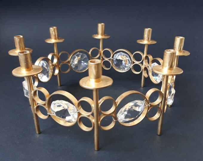 Swedish Gold Plated Brass Candelabra with Faceted Round Crystals for Eight Thin Candles. Quality Piece made in Sweden. Vintage Home Decor.