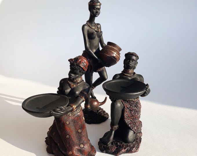 Set of 3 African Tribal Women Figurines. Beautifully Hand Crafted and Hand Painted Details. Touch of Africa's Culture to Your Home. Resin.