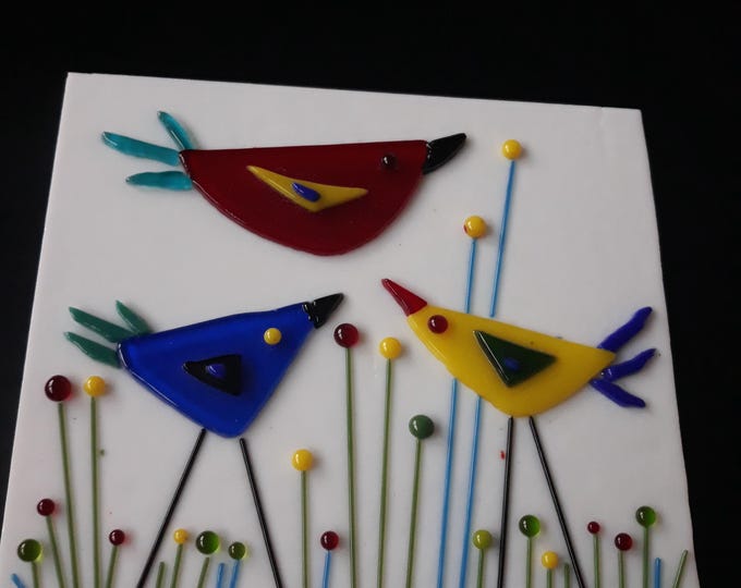 Fused Glass Decoration. Stylized Colourful Birds in Grass on White Base. Hand Made. Cute Home Decoration.