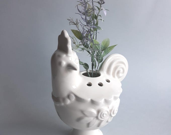 Rosa Ljung i Torekov Sweden. Beautiful Ceramic Rooster Figure. Ecru Colour Vintage Home Decor Vase Candle Holder. Flower Relief Pattern.